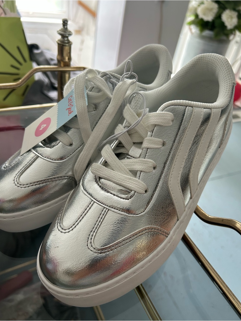 NWT Cat & Jack Metallic Kids Sneakers W/White Accents and Stripes, PERFECT
